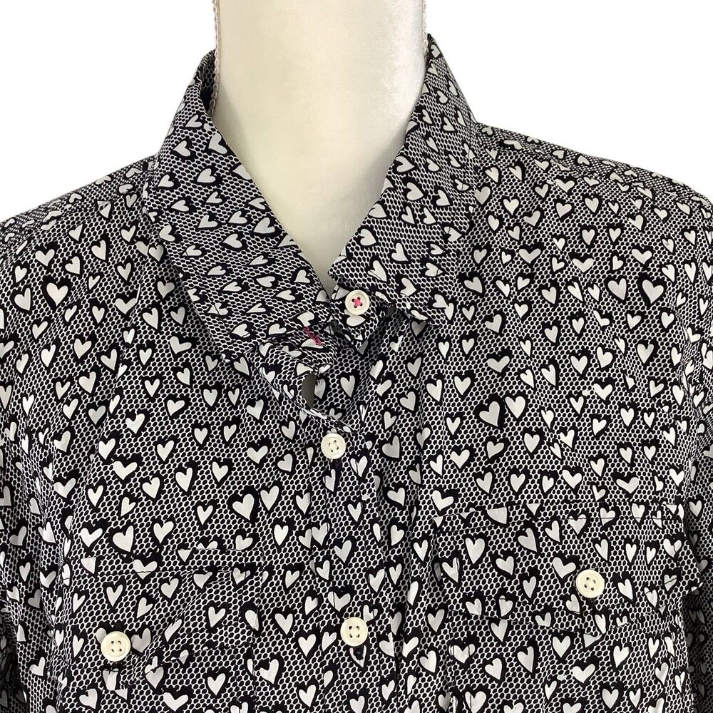 Talbots Button Front Shirt Top Heart Print Roll Tab Sleeve Women 14W Black White - Picture 3 of 15